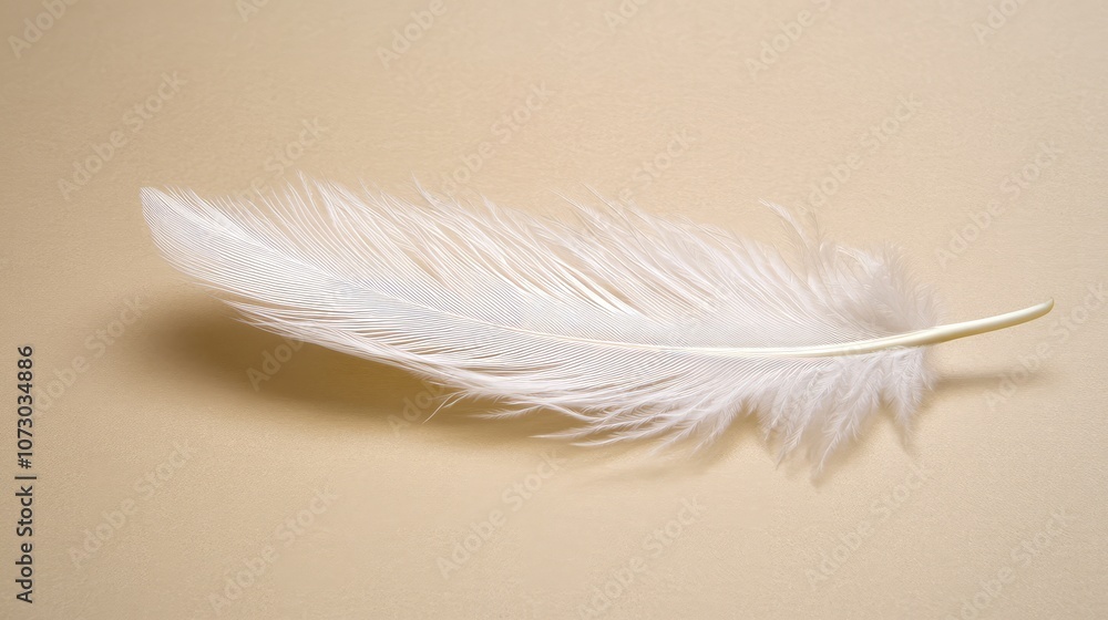 Obraz premium Delicate White Feather Gracefully Positioned on a Soft Beige Background, Perfect for Nature-Themed Projects, Mental Wellness Designs, or Minimalistic Artwork Creatives