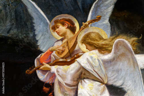 Fotografie Painting of two musician angels in the sky playing music. ...