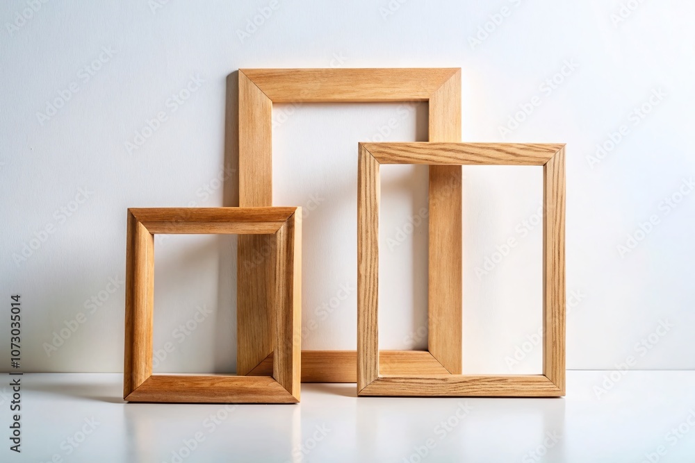 Three Stylish Wooden Frames of Varying Sizes on a White Background in a Horizontal Arrangement - Perfect for Fashion Photography and Creative Display Concepts Three Stylish Wooden Frames of Varying Sizes on a White Background in a Horizontal Arrangement - Perfect for Fashion Photography and Creative Display Concepts