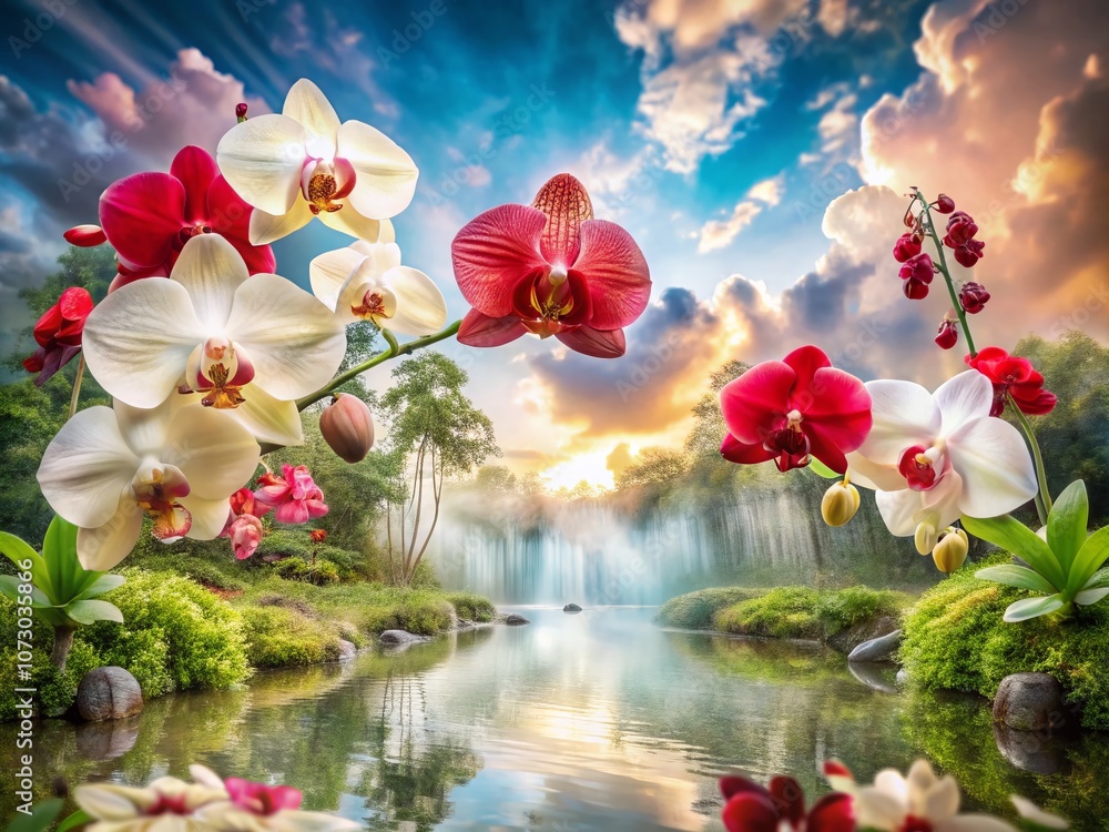 Obraz premium Captivating Double Exposure Photography of Red and White Orchids, Blending Nature's Beauty with Ethereal Elements for Stunning Visual Impact