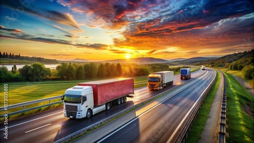 Three Trucks with Trailers in Action: Candid Photography of Logistic Cargo Delivery on Busy Highway