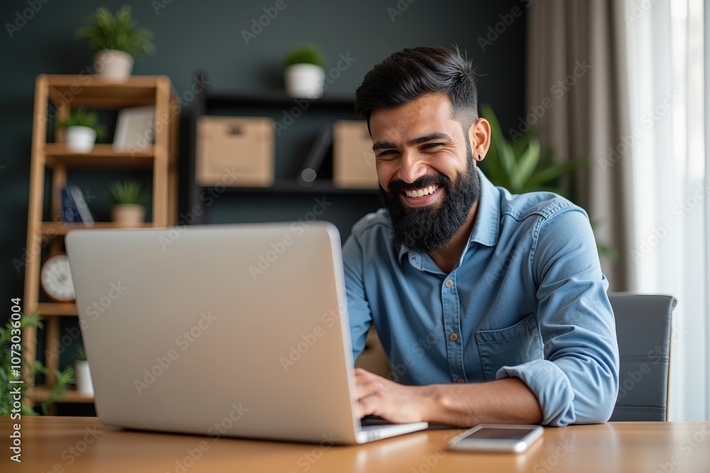 Smiling professional working on laptop in modern office environment Smiling professional working on laptop in modern office environment