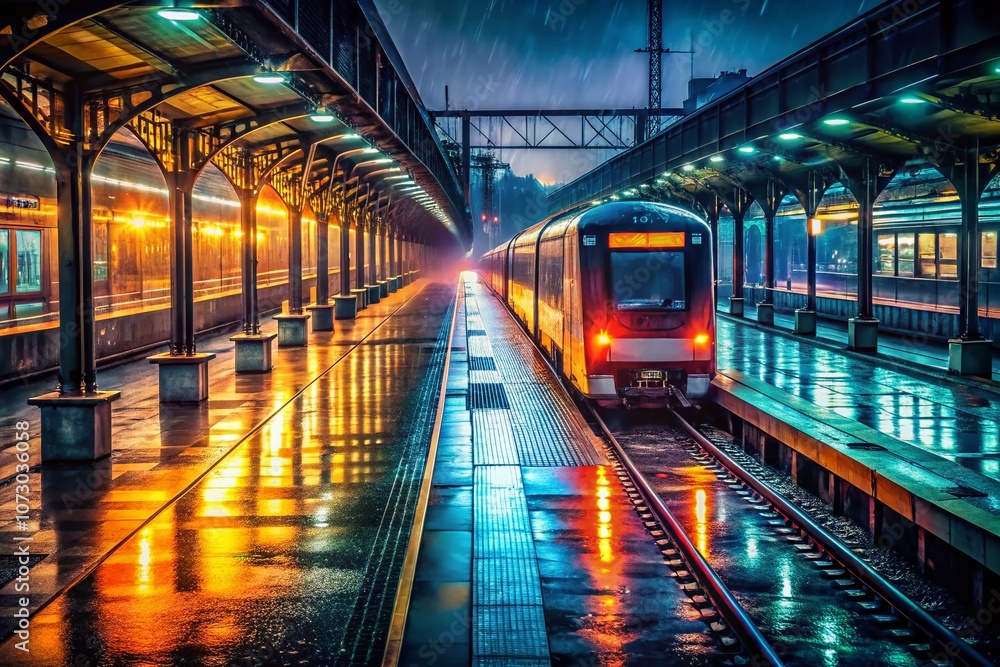 Captivating Drone Photography of a Train Station in the Rain: A Mystical Scene with Shadows and Reflections at a Dark Platform Captivating Drone Photography of a Train Station in the Rain: A Mystical Scene with Shadows and Reflections at a Dark Platform
