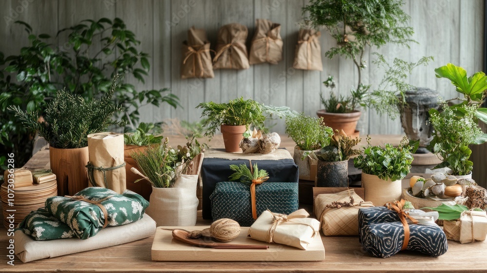 A table with various potted plants, wrapped gifts, and natural decorations. A table with various potted plants, wrapped gifts, and natural decorations.