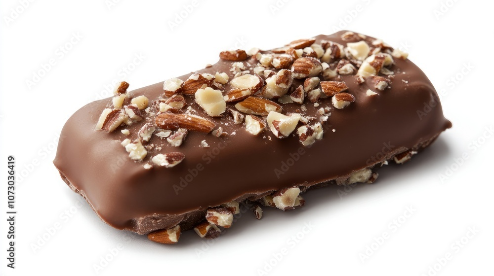 Close-up of chocolate ice cream with a thick coating and chopped nuts, isolated on a simple white background. Close-up of chocolate ice cream with a thick coating and chopped nuts, isolated on a simple white background.