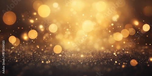 Soft and Dreamy Golden Bokeh Background with Glowing Lights and Sparkling Dust for Elegant and Festive Occasions, Perfect for Invitations and Celebrations