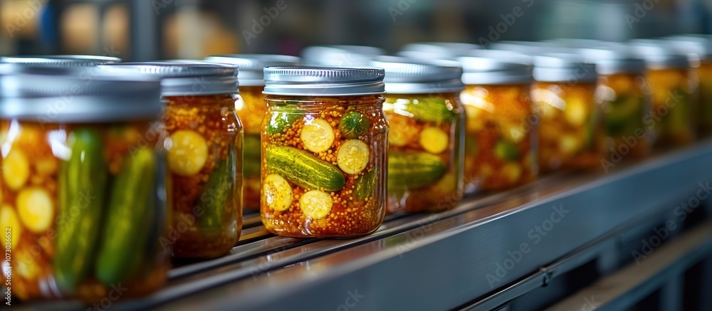 Pickles in Jars on Conveyor Belt Pickles in Jars on Conveyor Belt