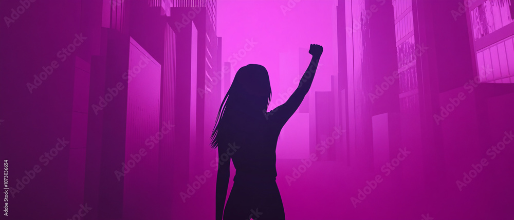 Silhouette of Woman Raising Fist in Cityscape with Pink Lighting Silhouette of Woman Raising Fist in Cityscape with Pink Lighting