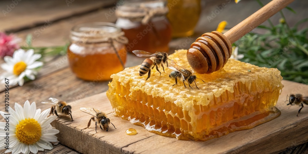 Captivating Food Photography of Fresh Honeycomb with Bees on Natural Background, Highlighting the Beauty and Sweetness of Honey in a Rustic Setting Captivating Food Photography of Fresh Honeycomb with Bees on Natural Background, Highlighting the Beauty and Sweetness of Honey in a Rustic Setting