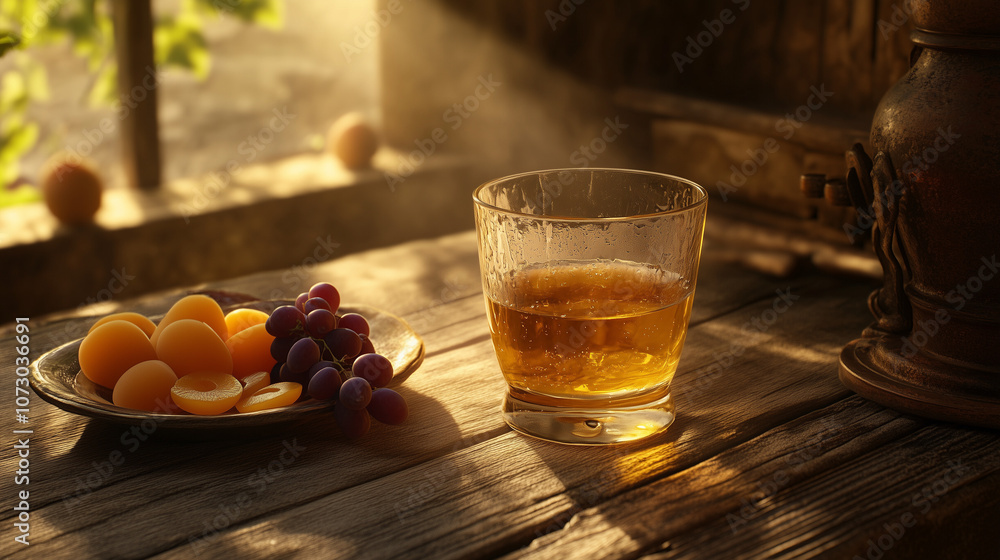 glass of golden rakia served on a rustic wooden table, accompanied by a small plate of fresh grapes and sliced apricots, warm and inviting light highlighting the clarity of the spirit glass of golden rakia served on a rustic wooden table, accompanied by a small plate of fresh grapes and sliced apricots, warm and inviting light highlighting the clarity of the spirit