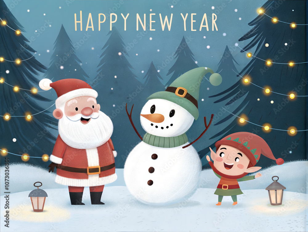 Festive New Year postcard illustration featuring Santa Claus, a snowman, and a joyful child celebrating together Festive New Year postcard illustration featuring Santa Claus, a snowman, and a joyful child celebrating together