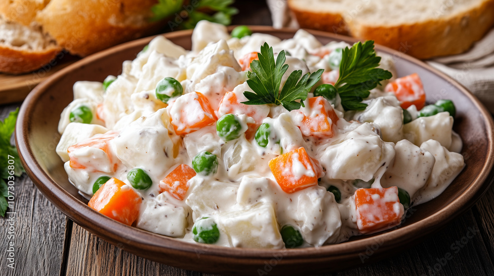 a colorful plate of Ensalada Rusa, featuring diced potatoes, carrots, peas, and mayonnaise, garnished with fresh parsley, served on a rustic wooden table with a side of crusty bread
