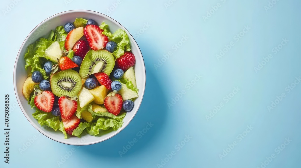 Fresh Fruit and Leafy Green Salad in a Bowl on a Light Background, Showcasing a Colorful Array of Healthy Ingredients Ideal for Nutrition and Wellness Themes Fresh Fruit and Leafy Green Salad in a Bowl on a Light Background, Showcasing a Colorful Array of Healthy Ingredients Ideal for Nutrition and Wellness Themes