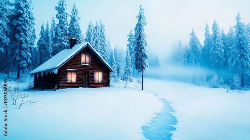 Abandoned cabin in a snow-covered forest, eerie blue ambient glow, mist rising from the frozen ground, cold winter atmosphere, moody lighting Abandoned cabin in a snow-covered forest, eerie blue ambient glow, mist rising from the frozen ground, cold winter atmosphere, moody lighting