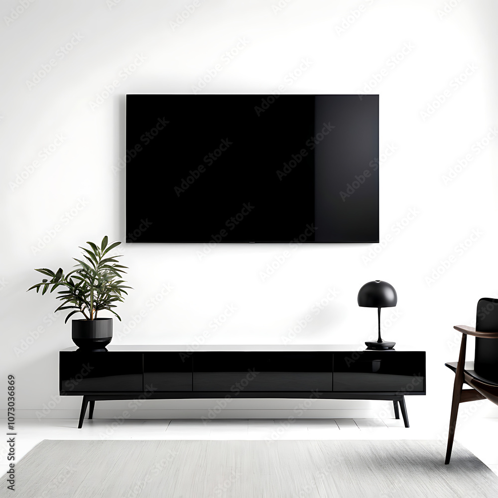 Minimalist Living Room Decor with Black TV Stand. The room is minimalist with white walls and a gray rug Minimalist Living Room Decor with Black TV Stand. The room is minimalist with white walls and a gray rug