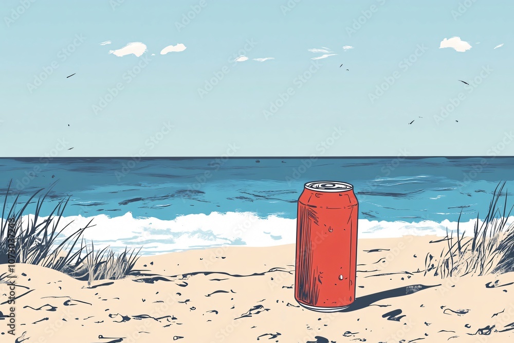 Minimalist Illustration of an Empty Soda Can by the Sea Minimalist Illustration of an Empty Soda Can by the Sea
