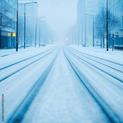 Empty street in a snowy city with a cold blue hue, ambient fog, soft reflections from icy pavement, early morning light