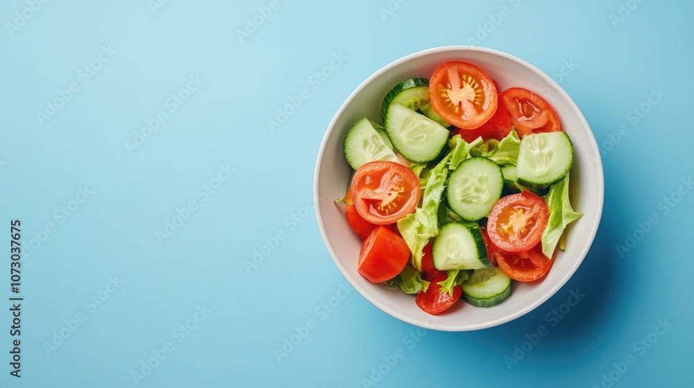 Fresh and Colorful Vegetable Salad with Lettuce, Tomato, and Cucumber in a White Bowl on a Light Blue Background for Healthy Eating and Culinary Inspiration Fresh and Colorful Vegetable Salad with Lettuce, Tomato, and Cucumber in a White Bowl on a Light Blue Background for Healthy Eating and Culinary Inspiration