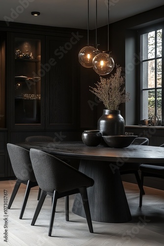 A modern dining space with an oval black wooden table and matching black chairs  
