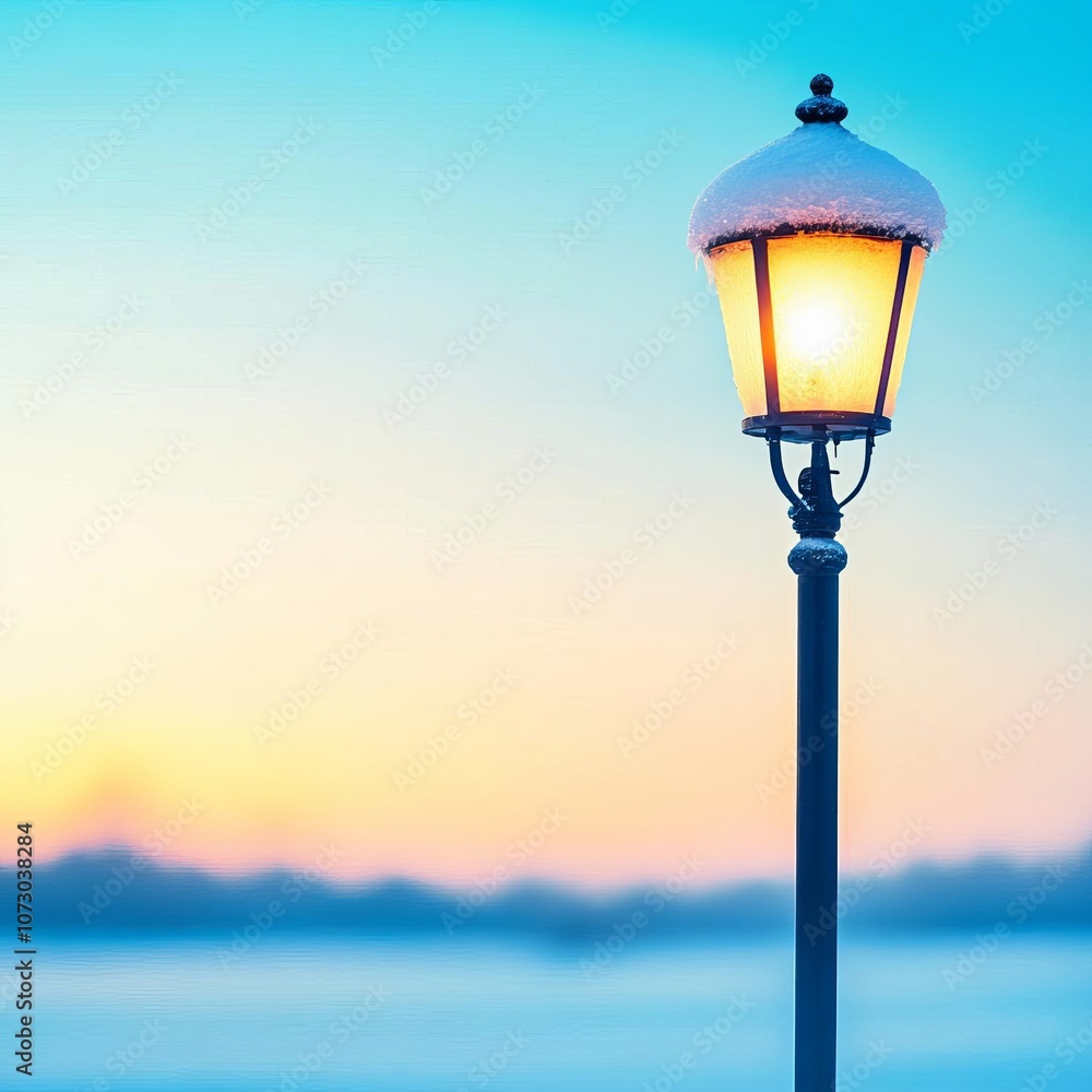 Frost-covered street lamp with a soft blue ambient glow, cold winter atmosphere, tranquil and moody scene Frost-covered street lamp with a soft blue ambient glow, cold winter atmosphere, tranquil and moody scene