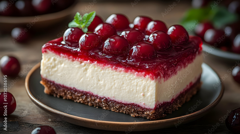 Cherry Cheesecake Slice on Plate - Food Photography Cherry Cheesecake Slice on Plate - Food Photography