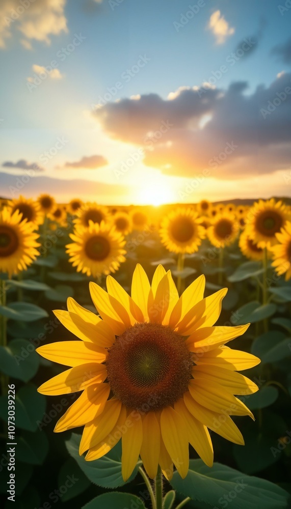 Fototapeta premium Inspiring sunflower field at sunset with vibrant yellow blooms