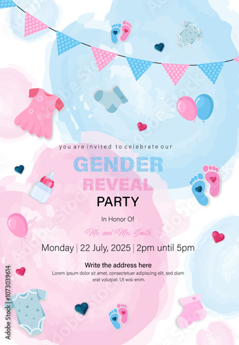 Gender reveal party vector template. gender reveal party invitation design with watercolor background.