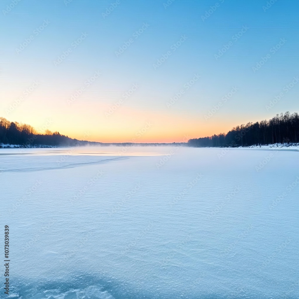 Frozen lake at dawn with ambient cold light, mist hovering, tranquil and calm winter scene Frozen lake at dawn with ambient cold light, mist hovering, tranquil and calm winter scene