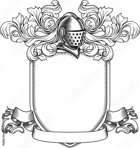 Coat of arms crest knight family medieval shield heraldry heraldic armorial motif. Featuring a knights helm helmet in a vintage etching engraving woodcut style