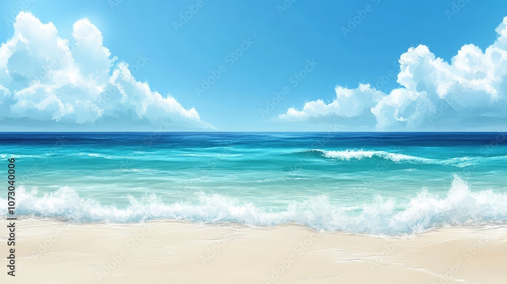 Tranquil Coastal Scene with Gentle Waves and Blue Sky: A Serene Ocean Landscape Ideal for Relaxation and Inspiration