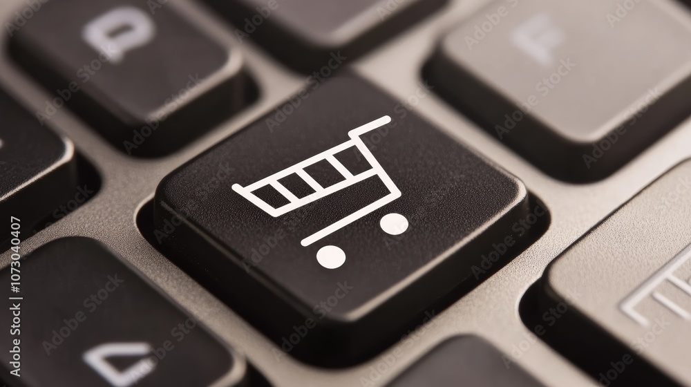 Close up of a computer keyboard with a shopping cart icon key, symbolizing online shopping, e commerce, and the growing trend of purchasing goods and services over the internet Close up of a computer keyboard with a shopping cart icon key, symbolizing online shopping, e commerce, and the growing trend of purchasing goods and services over the internet