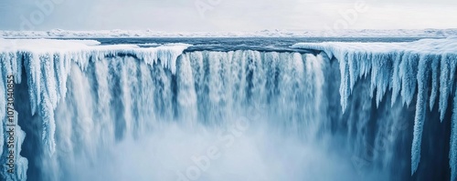 Frozen waterfall with soft blue glow, cold mist rising, serene winter landscape