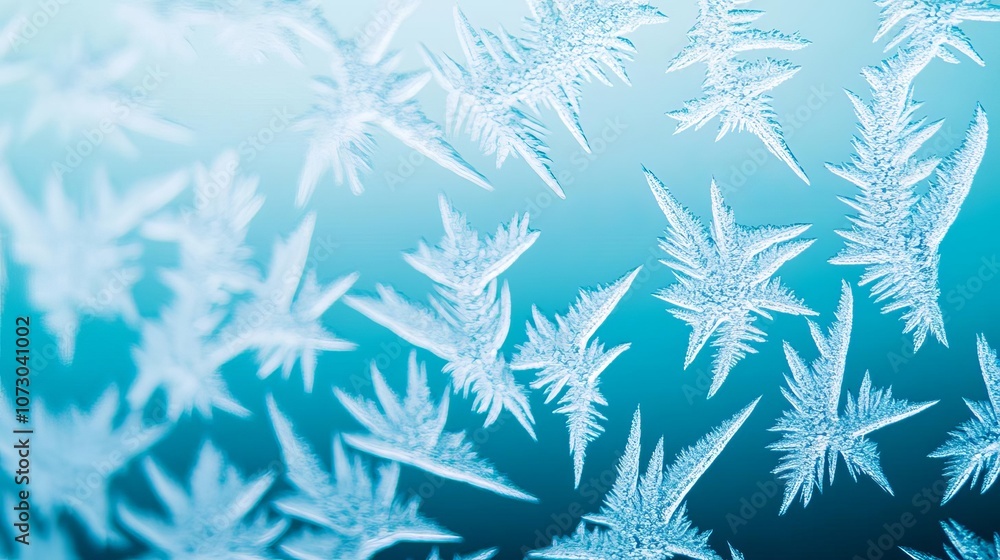 Frozen windowpane with abstract frost patterns, soft blue ambient light shining through, cold and delicate detail Frozen windowpane with abstract frost patterns, soft blue ambient light shining through, cold and delicate detail