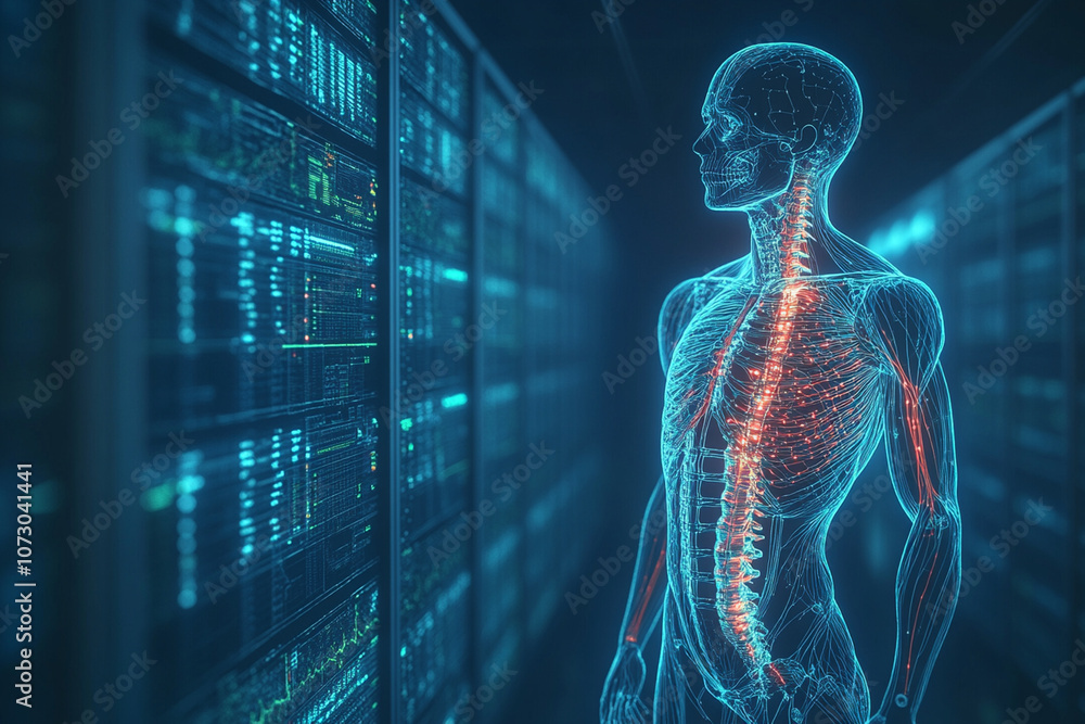 3D rendering of human body anatomy hologram showcases intricate details of skeletal and muscular systems, illuminated against backdrop of digital data. This striking visualization highlights connect 3D rendering of human body anatomy hologram showcases intricate details of skeletal and muscular systems, illuminated against backdrop of digital data. This striking visualization highlights connect