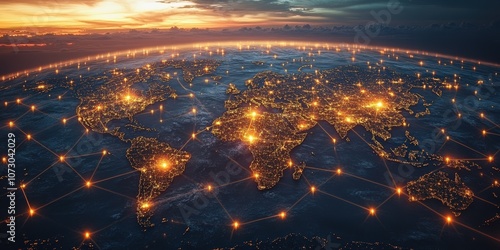 Aerial View of Earth at Night with Bright City Lights and Global Connectivity Network, Illustrating Technology and Communication Across Continents