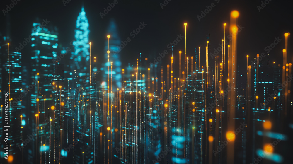 Fototapeta premium Smart digital Innovation city Business skyscrapers in the Financial District with connection network reciprocity over the cityscape. of future smart wireless digital city and social media networking