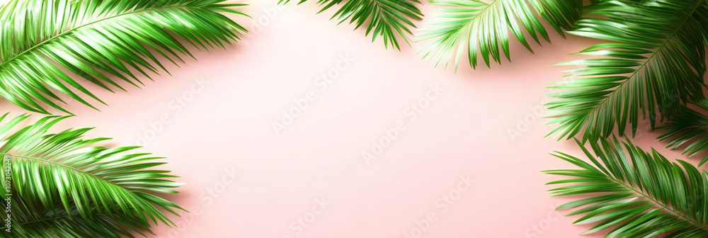 Lush tropical palm tree leaves create vibrant frame against soft pink background, evoking sense of relaxation and tropical paradise Lush tropical palm tree leaves create vibrant frame against soft pink background, evoking sense of relaxation and tropical paradise