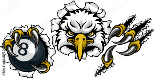 An eagle angry mean pool billiards mascot cartoon character holding a black 8 ball.