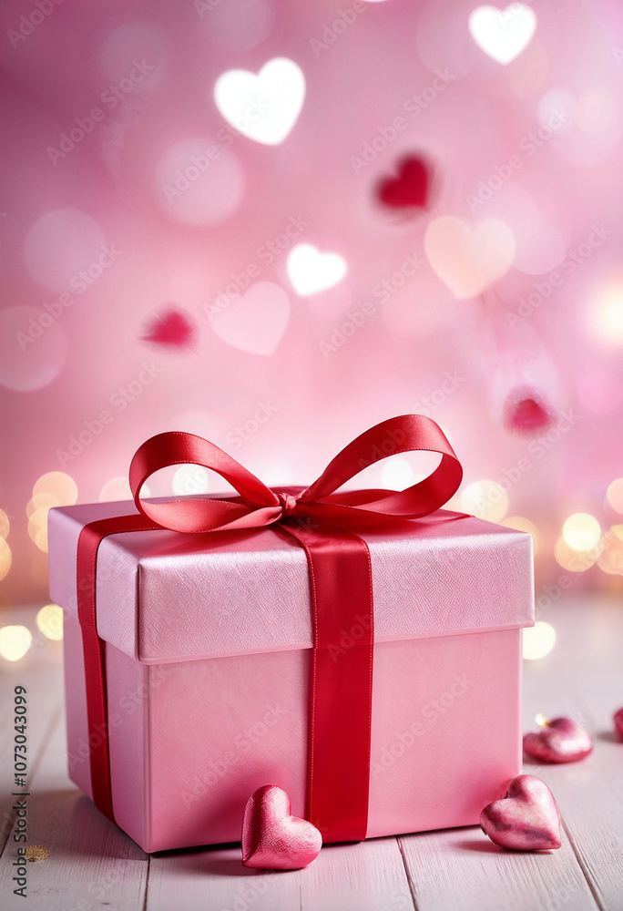 pink gift box with red ribbon and small hearts, valentine day gift pink gift box with red ribbon and small hearts, valentine day gift