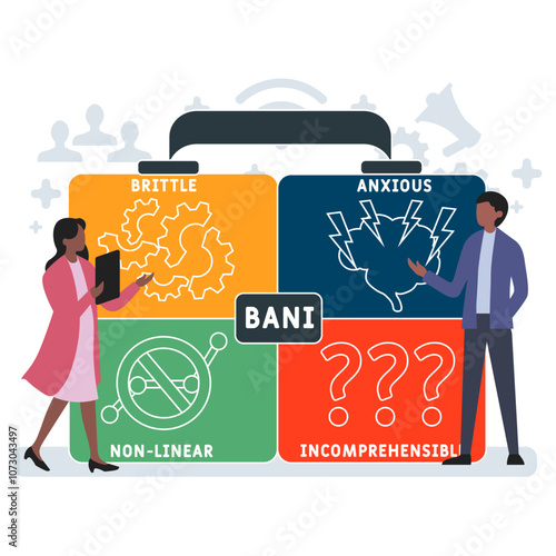 BANI - Brittle, Anxious, Non-linear, Incomprehensible acronym. business concept background. vector illustration concept with keywords and icons. lettering illustration with icons for web banner, flyer