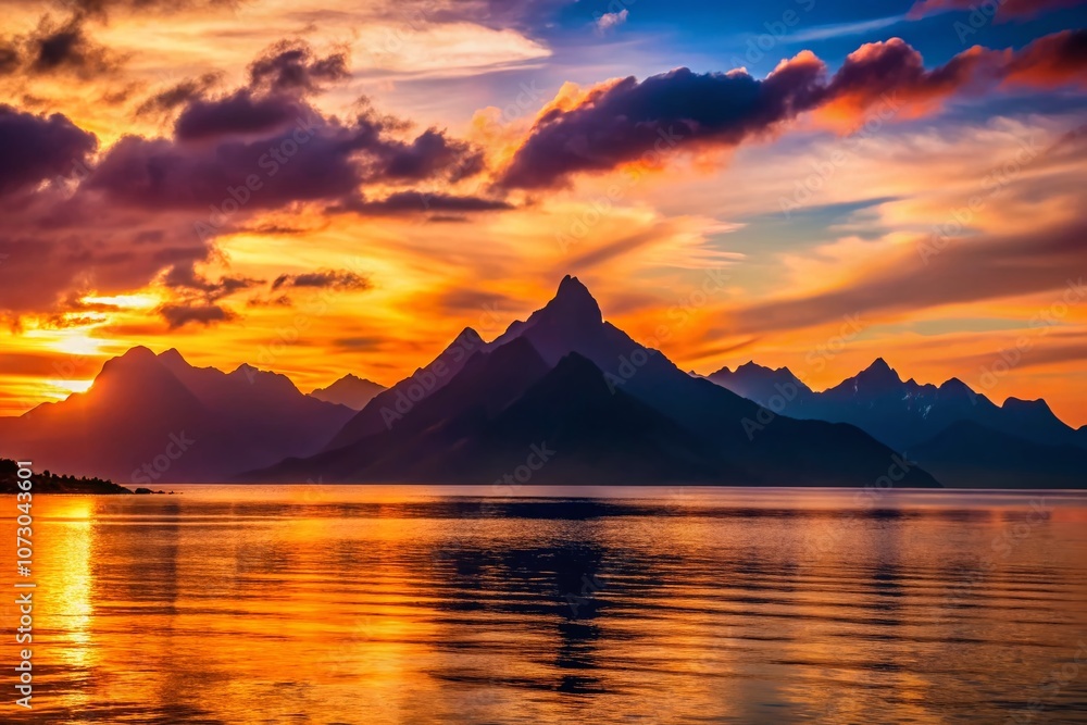 Captivating Silhouette of Majestic Mountains Against the Serene Ocean at Sunset, Evoking Tranquility and Natural Beauty in a Scenic Landscape Captivating Silhouette of Majestic Mountains Against the Serene Ocean at Sunset, Evoking Tranquility and Natural Beauty in a Scenic Landscape