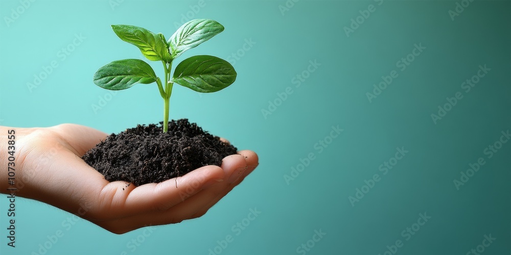 Fresh Green Plant Growing in Soil on Hand Against Soft Aquamarine Background Signifying Hope and New Beginnings for Gardening and Nature Enthusiasts Fresh Green Plant Growing in Soil on Hand Against Soft Aquamarine Background Signifying Hope and New Beginnings for Gardening and Nature Enthusiasts