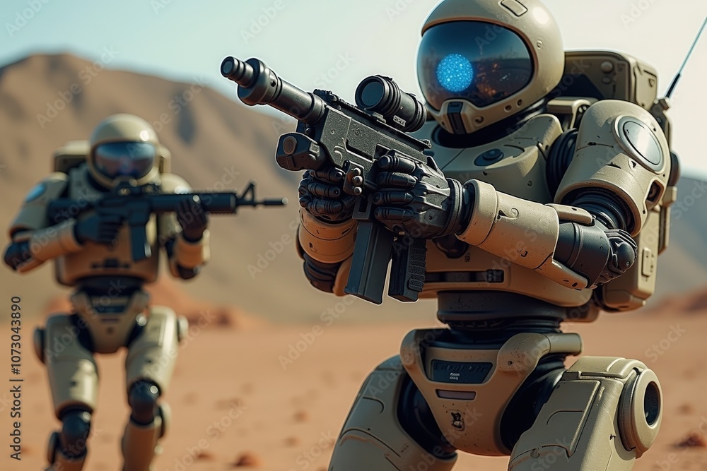Futuristic desert combat: armored robots with advanced tech weapons in arid landscape Futuristic desert combat: armored robots with advanced tech weapons in arid landscape