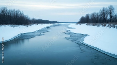 Icy reflections on a frozen river illuminated by pale ambient light, cold winter atmosphere