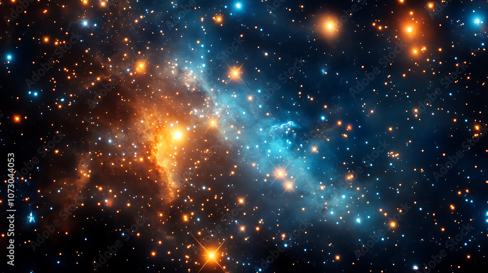 A starry sky with a bright orange and blue cloud A starry sky with a bright orange and blue cloud