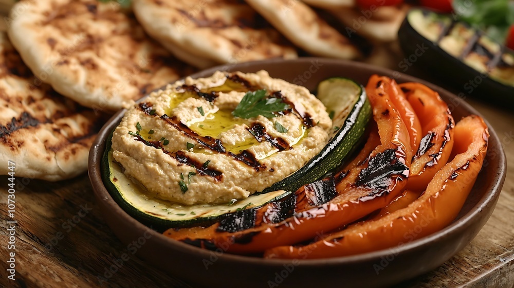 Vegetarian Mediterranean Feast with Grilled Vegetables and Homemade Hummus Pita Bread Vegetarian Mediterranean Feast with Grilled Vegetables and Homemade Hummus Pita Bread