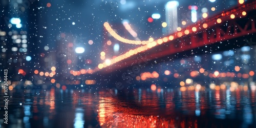 A beautiful night view of a city bridge illuminated by bright lights. The atmosphere is dreamy with reflections in the water. It captures the essence of urban life beautifully. AI