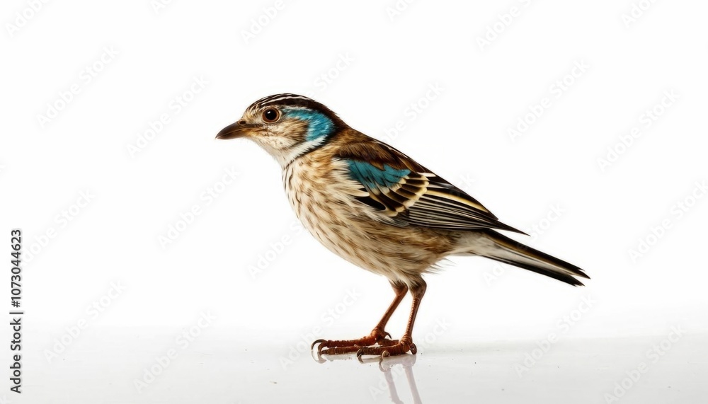 A small bird standing on a reflective surface against a white background. The bird's detailed plumage and sharp eye make it visually striking. AI generated.
A small bird standing on a reflective surface against a white background. The bird's detailed plumage and sharp eye make it visually striking. AI generated.