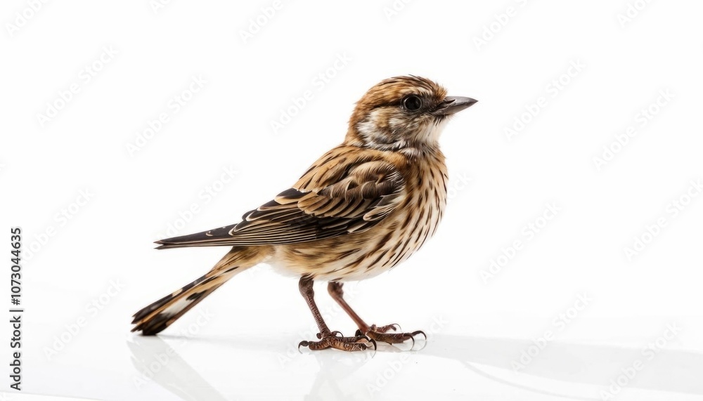 A small bird standing on a reflective surface against a white background. The bird's detailed plumage and sharp eye make it visually striking. AI generated.
A small bird standing on a reflective surface against a white background. The bird's detailed plumage and sharp eye make it visually striking. AI generated.