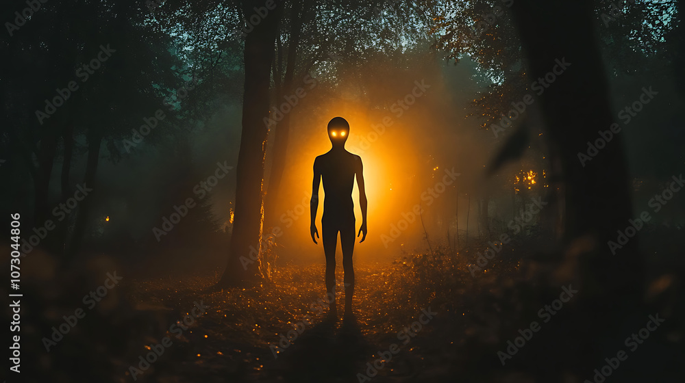 A man in a forest with a glowing head